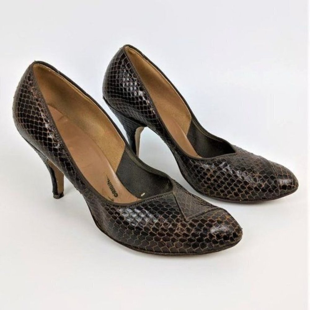 VINTAGE 1950s Dream Step Originals Brown Cobra Snakeskin Pumps Heels